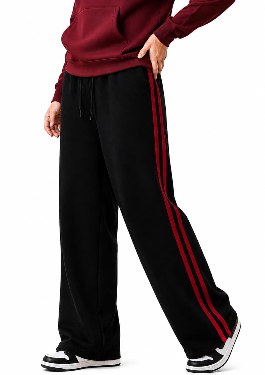 hhh venice Men's Baggy Track Pant, Black with Red Side Stripe, Relaxed Straight-Fit, 100% Cotton French Terry, 210 GSM-picture-35