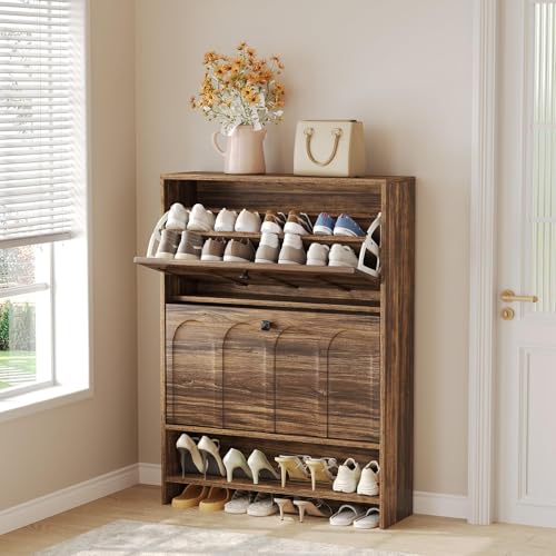 Tribesigns Scarpiera sottile con 2 cassetti pieghevoli e scaffalatura aperta, design salvaspazio, organizer sottile per scarpe da ingresso, corridoio, soggiorno, noce