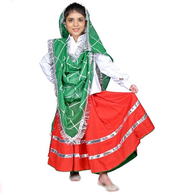 Image of Traditional Haryanvi Girls Dance Costume, Complete Set with Ghagra and Oidhni Dupatta, Indian State Cultural Dress