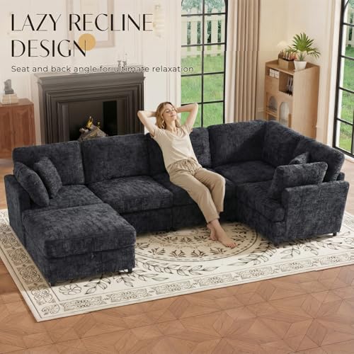 Image of 122.6 inch Chenille Modular Sectional 6 Seater Sofa, Deep Seat Couch with Ottoman & Removable Covers, Free Combination Modern Couch, L /U Shaped Modular Sectional Sofa, for Living Room, Apartment, Black