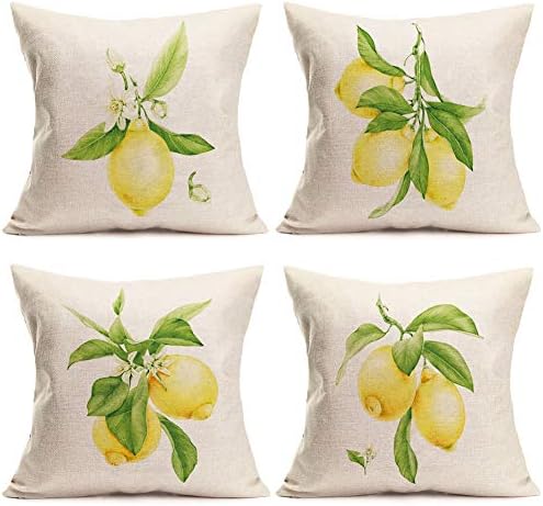 ShareJ Set of 4 Lemon Summer Fruit Outdoor Style Pillow Cover Home Decorative Cotton Linen Throw Pillow Case 18X18 Inch Square Cushion Covers (Summer Lemon)