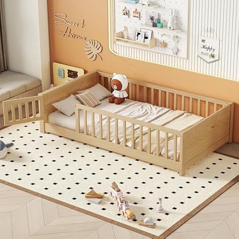 HMHKHN Twin Size Montessori Floor Bed with Safety Fence and Convertible Door, Pine Wood Toddler Floor Bed with Bookshelf, Solid Support Slats and Full-Length Guardrails for Kids Girls Boys (Natural) Cover