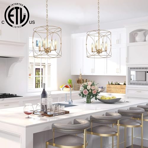 Untrammelife 4-Light Rose Gold Chandelier, Modern Adjustable Height Cage Pendant Lights Kitchen Island, 13.4 Inch Dia Drum Ceiling Light Fixture thumb #1