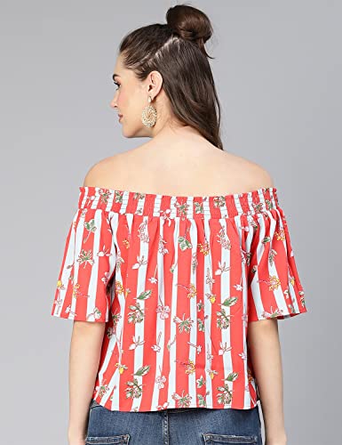 Image of oxolloxo Women Stripe & Floral Digital Print Off -Shoulder Polyester Top