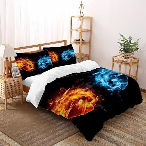 Dueloo Juego De Ropa De Cama Estampado 3D Hielo y Fuego Microfibra Antialérgica con Cremallera Oculta para Niños,Niñas,Adolescentes Tamaño Super King（260x220cm）