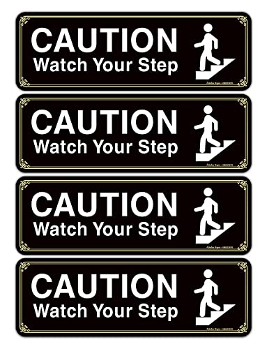 Plaque Watch Your Step pour maison et bureau - Stickers de sécurité noirs et blancs x4