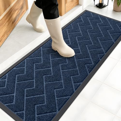 Image of OLANLY Front Door Mat Indoor Outdoor Entrance, Waterproof All-Season, All-Weather Doormat, Sturdy Natural Rubber, Low Profile, Easy Clean Patio Porch Entryway Mat, Herringbone Brick (Blue, 47x17)