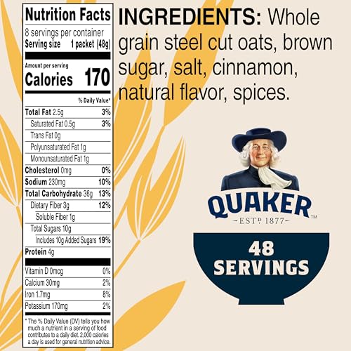 Image of Quaker Steel Cut Quick 3-minute Oatmeal, Quick Steel Cut, Brown Sugar and Cinnamon, 13.5 oz, - 8 Count (Pack of 6) total- 48 count