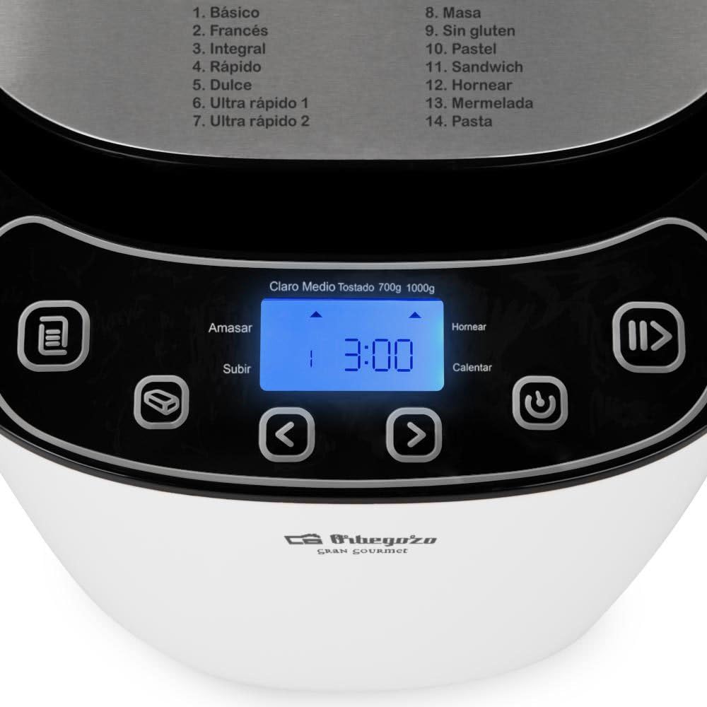 Orbegozo MHP 3500 Machine à pain automatique, 12 programmes préconfigurés, minuteur, écran LCD, cuve anti-adhésive, avec recette, 550 W