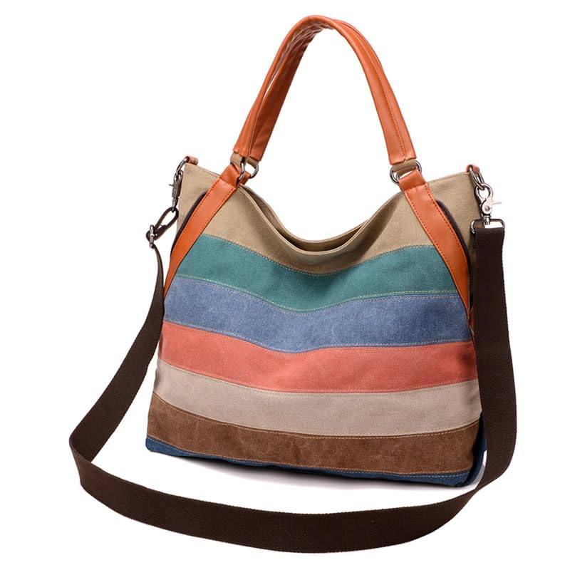 Canvas Purse for Women Large Work Tote Bags with Strap Vintage Messenger Bag Striped Crossbody Shoulder Tote Handbags Multi