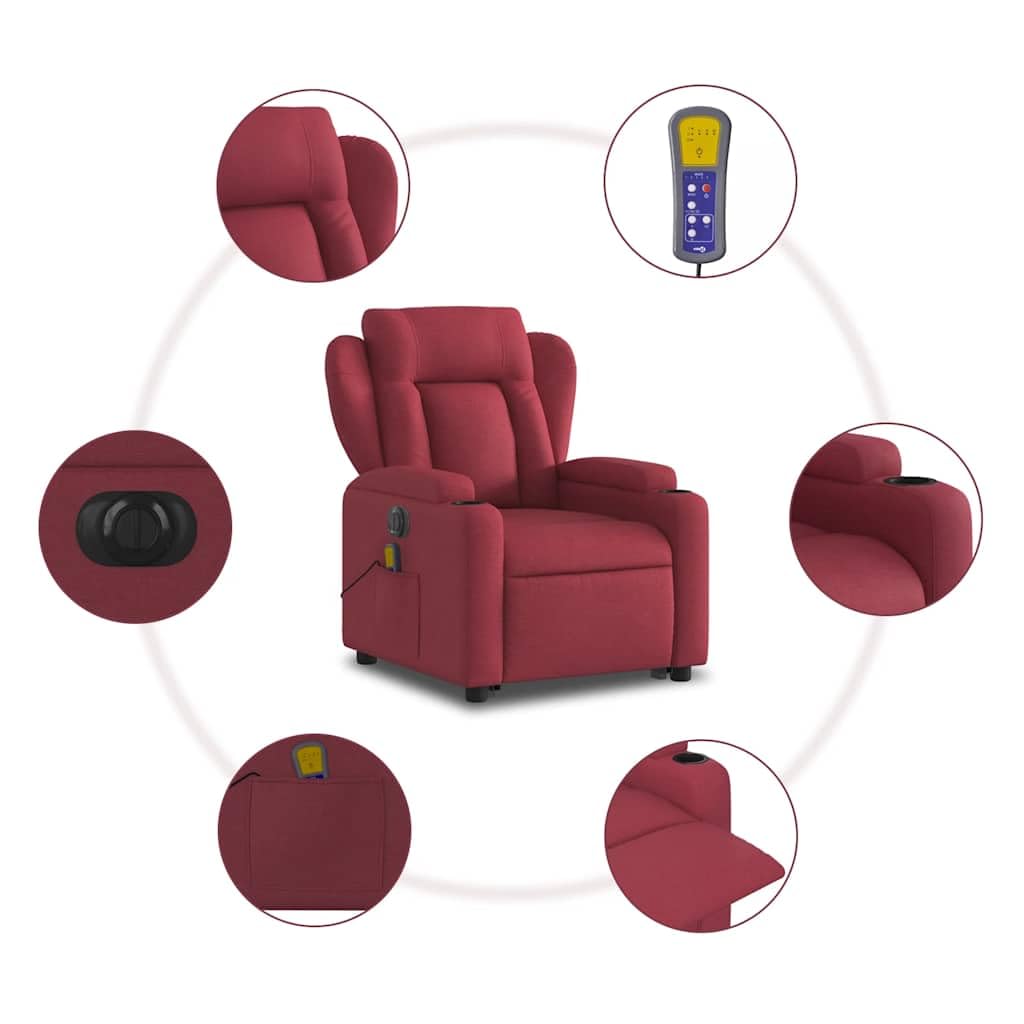 Sillón elevador eléctrico reclinable con función de elevación y 6 puntos de vibración, tejido rojo vino, cómodo con portavasos y bolsillo, estructura