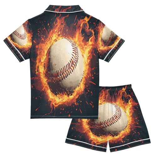 ALAZA Baseball Flame Retro Satin Pajamas Set Short Sleeve Button Down Sleepwear Summer Pjs 2 Piece2