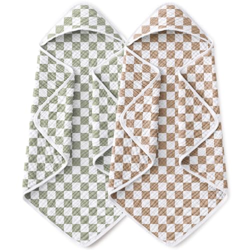 Image of Yoofoss Hooded Baby Towels for Newborn 2 Pack 100% Muslin Organic Cotton Baby Bath Towel with Hood for Babies, Infant, Toddler and Kids, 32x32Inch, Soft and Absorbent, Green Brown Checkered