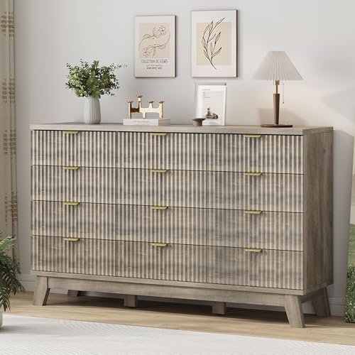 Image of Xixini Fluted Dresser for Bedroom with 12 Drawers, 57 inch Wide Modern Chest of Drawers with Metal Handle, Wooden Dresser TV Stand, Wood Closet Clothes Storage Organizer for Living Room, Hallway, Grey