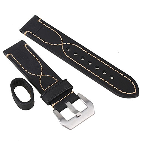 22mm Width Black Vintage Genuine Leather Watchband Strap Wristwatch Band