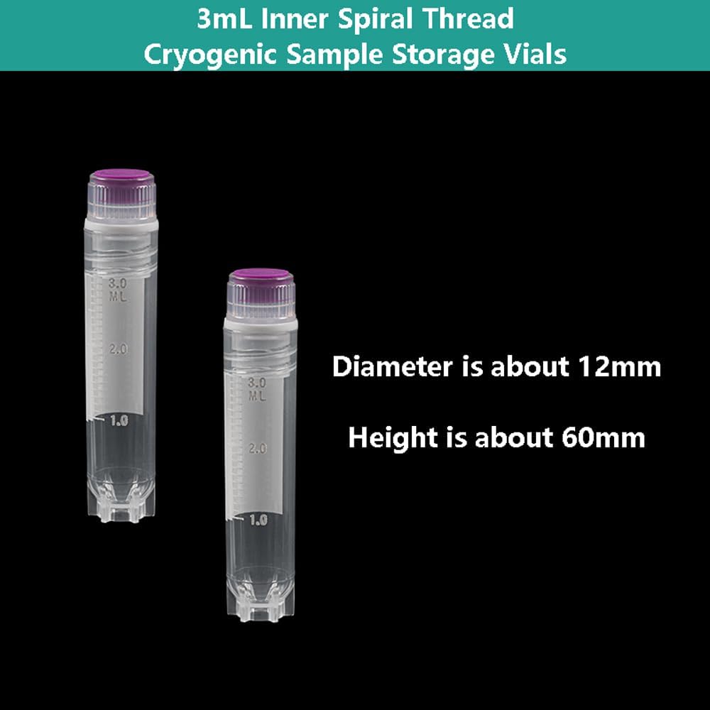 100 PCS Cryogenic Sample Storage Vials, 1ml/2ml/3ml/4ml/5ml Cryovials, Inner/Outer Spiral Thread, with Side Coded Tag, Purple Cap, PP Material (Inner Spiral Thread, 3mL - 100PCS)