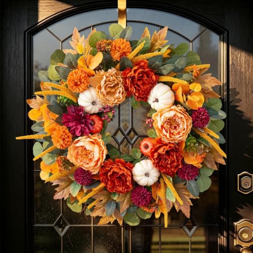Image of 24 Inch Fall Wreaths for Front Door with Orange Peony and Burgundy Dahlias