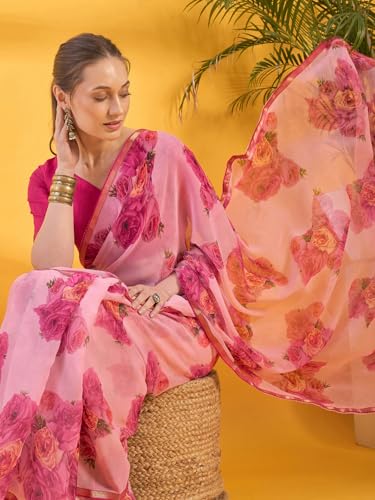 Image of SIRIL Women's Printed Chiffon Saree with Unstitched Blouse Piece