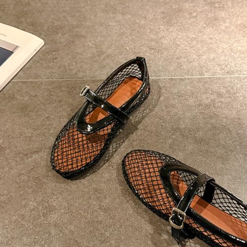 Women's Mesh Ballet Flats Fishnet Ballerina Buckled Straps Mesh Mary Jane Flat Casual Low Heels3