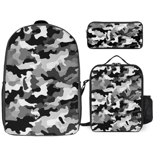 3 Piece Backpack for Women Men Lightweight Causal Daypack Shoulder Bag Set with Insulated Lunch Bag And Pencil Case Organizers Black Grey White Parttern