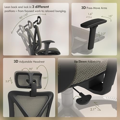 Image of ELABEST T23 Ergonomic Mesh Office Chair, High Back Computer Desk Chair, Breathable AirMesh with Dual-Move Lumbar Support, 3D Armrests & Headrest, Tilt Lock, Big and Tall for Home Office (Mocha)