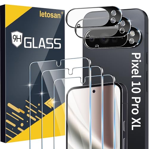 letosan 3 Pack for Google Pixel 10 Pro XL Screen Protector Tempered Glass + 3 Pack Camera Lens Protector, Military Grade Shatterproof, 9H Hardness, Fingerprint Unlock,Case Friendly 6.8 Inch
