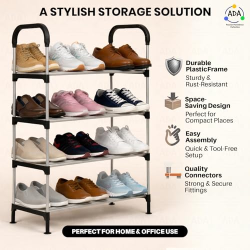 Image of ADA Premium Multipurpose Shoe Rack | 4-Tier Shoe Storage Organizer, Compact Space Saver, Sturdy & Durable Rack for Entryway, Living Room, Bedroom & Closet - Black & Grey