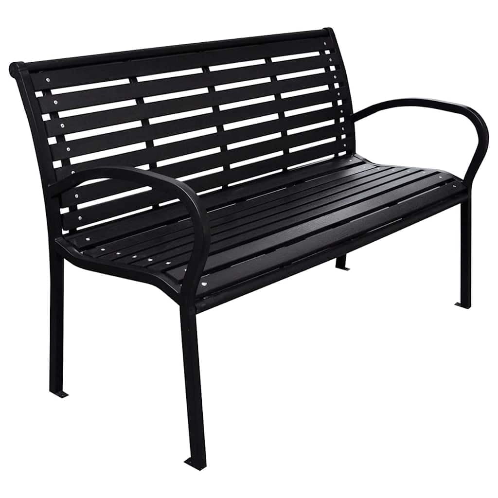 Ławka ogrodowa, czarna, 116 cm, wykonana z WPC i stali, odporna na warunki atmosferyczne, ławka do siedzenia z oparciem, do ogrodu, na balkon, taras, do użytku na zewnątrz, stabilna