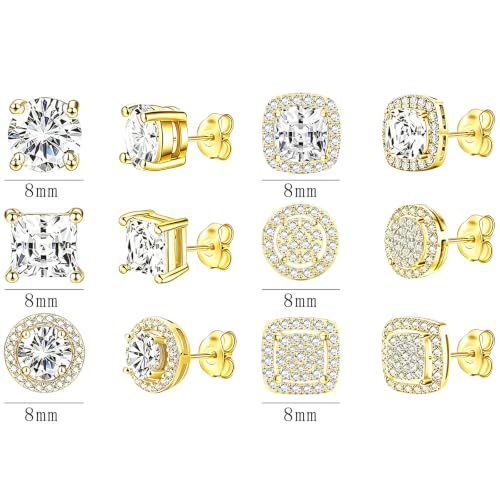 Image of NEWITIN 6 Pairs Gold Earrings for Men Women Halo Stud Earring Set | Hypoallergenic, 18K Gold Plated Stainless Steel, Cubic Zirconia, Round Square Diamond Stud Earrings, Unisex Earrings Set, 8mm