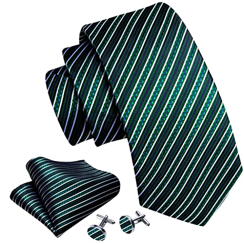 Set de corbata de seda para hombre rayada verde y blanca