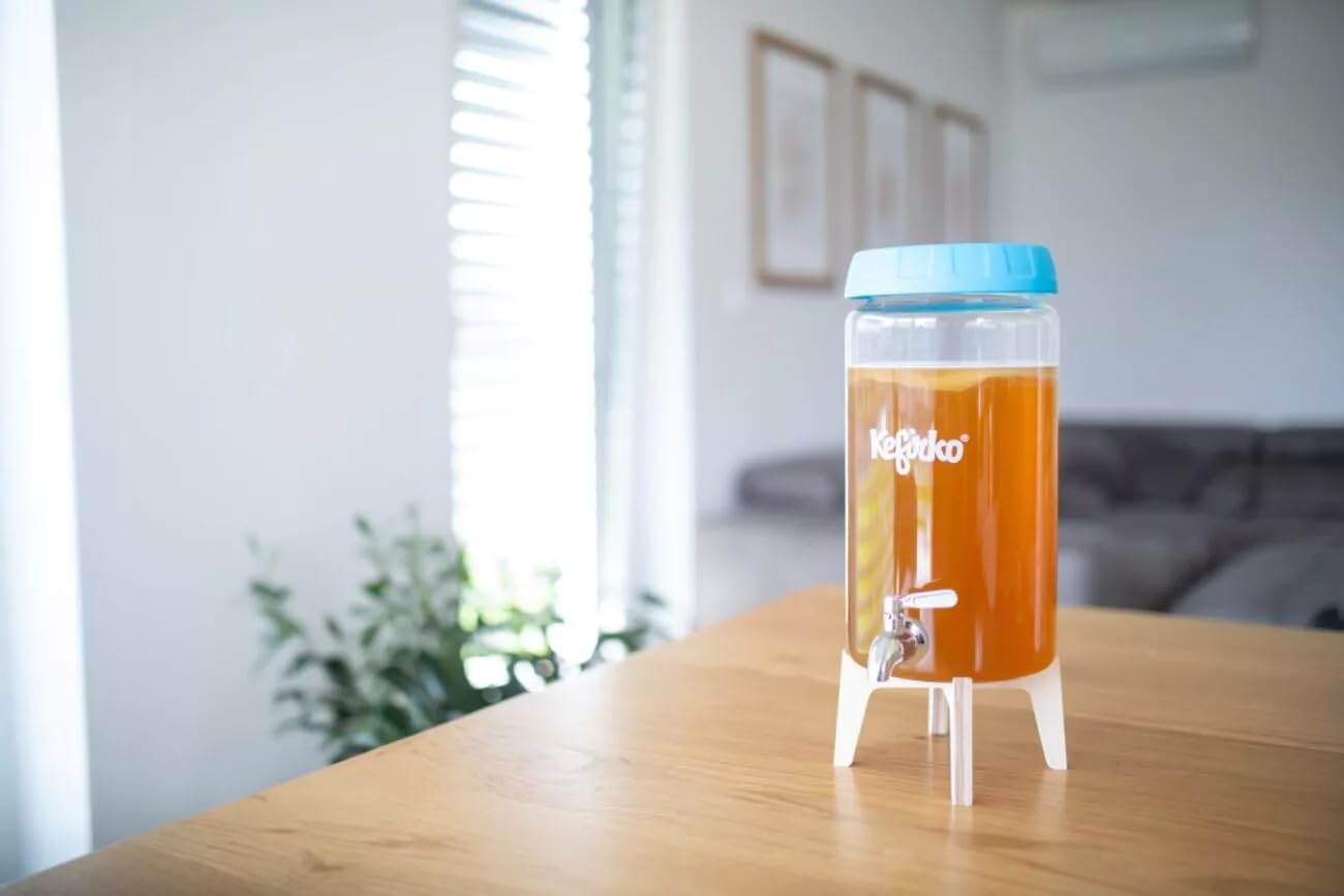 Kefirko Kombucha Kit de fermentation | Bocal en verre, couvercle, filtres, horloge de fermentation et livre de recettes, 4 litres (bleu)