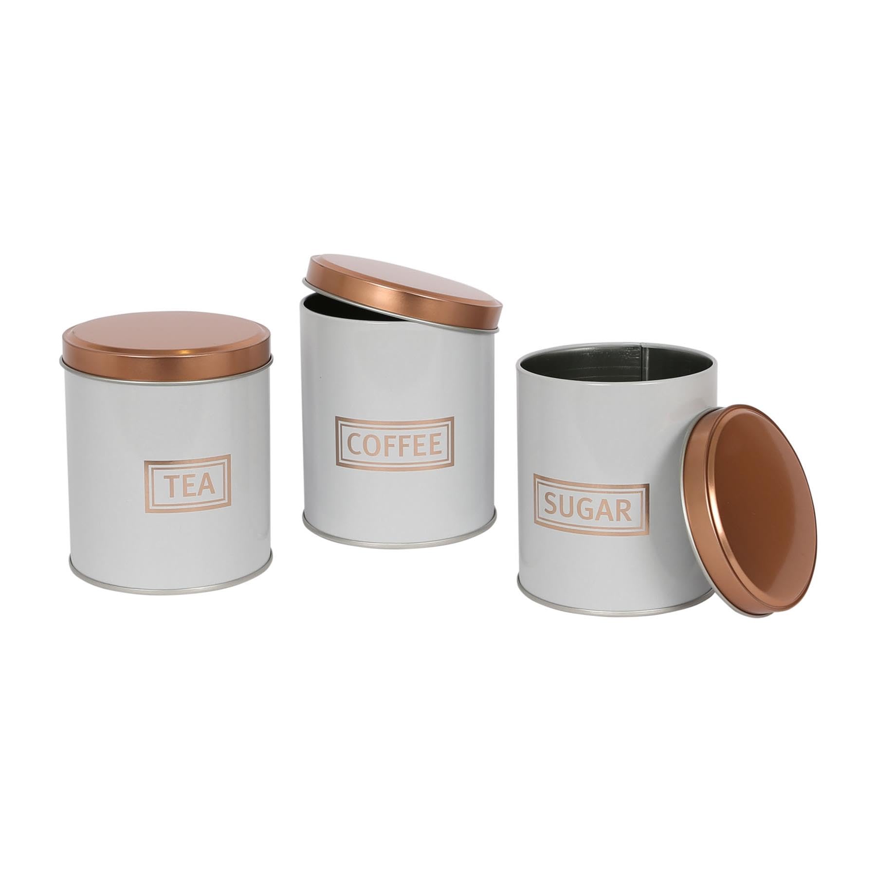 Harbour Housewares 3pc Tea Coffee Sugar Canisters Set – White & Copper Round Metal Kitchen Storage Tins with Airtight Lids – Modern Industrial Food Caddy Containers for Countertop Organisation
