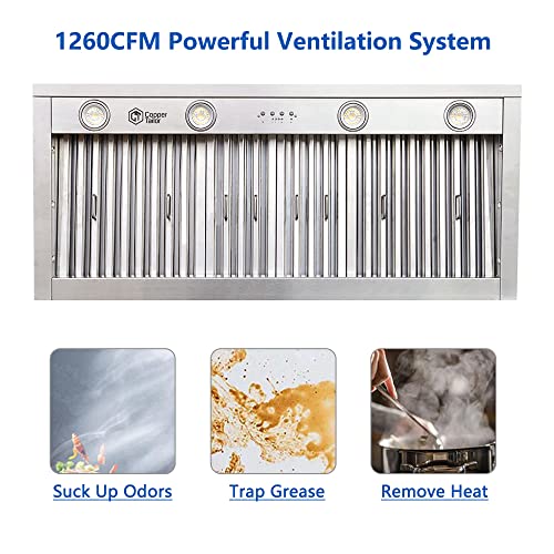 42-Inch Range Hood Insert With Inline Remote Blower, Ct Copper Tailor 1260Cfm Kitchen Vent Hood, 4-Speed Exhaust Fan, 4 Led Lights, 8" Round Ducted,Baffle Filters, In Stainless Steel #TOP1