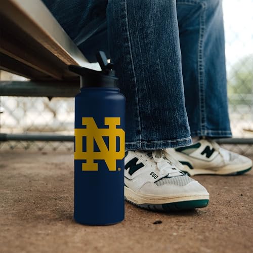 Image of Logo Brands NCAA Notre Dame Fighting Irish Step & Repeat 34 oz Stainless Steel Quencher Bottle - All Over Logo Design, No-Spill Lid, Easy Carry Handle - Keeps Drinks Cold For Hours