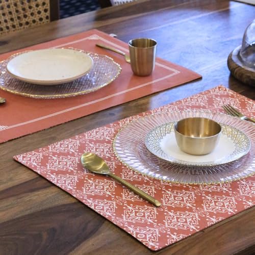 Image of THE YARD HOUSE Placemats - Reversible & Wipeable Cotton Placemats (Agra Red, Set of 4)
