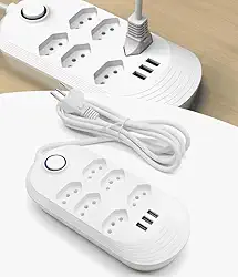 Régua de Extensão Elétrica com 6 Tomadas, 2 Portas USB, Cabo de 2 Metros, Branco