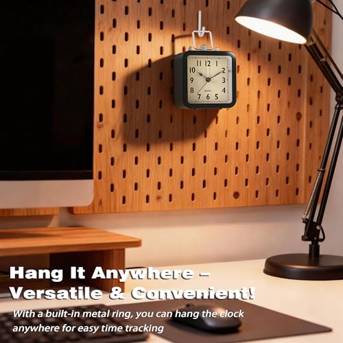 Image of AYRELY Small Metal Alarm Clock, Desk and Table Clock for Travel | Battery Operated Retro Silent Clock with Light for Bedroom, Bedside, Shelf and Living Room Decor (Matte Black)