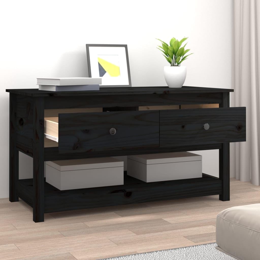 Mesa de centro negra 102 x 49 x 55 cm de madera maciza de pino diseño moderno con 2 cajones y estante abierto, mesa auxiliar robusta para salón, dormitorio y oficina