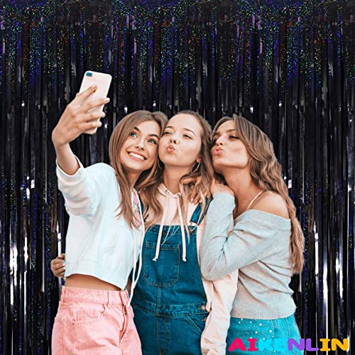 Image of 4 Pack 3.2Ft x 8.2Ft Black Foil Fringe Curtain Backdrop, Metallic Tinsel Foil Fringe Streamers Curtains Background for Photo Booth, Birthday, Wedding, Disco, Bachelorette, Christmas Party Decoration