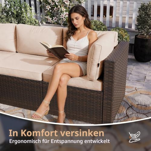 Aoxun Gartenmöbel Set Polyrattan 3-teilig mit 7,5cm dicken Kissen & Glas-Couchtisch… – Ansicht 4