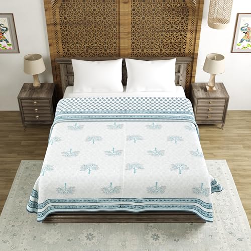 Image of BLOCKS OF INDIA 100% Cotton Dohar King Size Reversible Hand Block Printed Malmal Summer Dohar /Blanket (Blue Tree)-300 TC