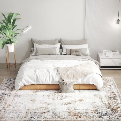 HOMCOM Machine Washable Area Rug, 6x9 Indoor Boho Rug, Non-Slip, Low Pile for Living Room, Bedroom, Dining Room, Kitchen, Home Office, Distressed Carpet for High Traffic Areas, Brown Floral