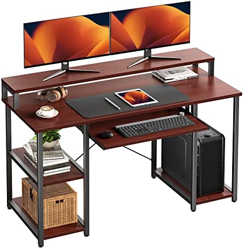 NOBLEWELL Computer Desk with Storage Shelves, 47 inch Home Office Desk with Monitor Stand, Writing Desk Table with Keyboard Tray (Cherry)