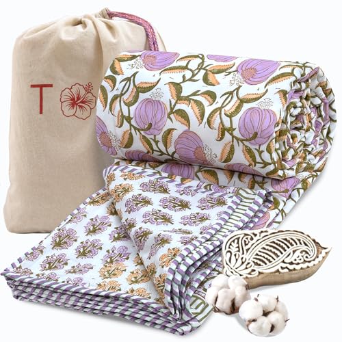 Image of TOAIArt Premium Jaipuri Dohar | AC Blanket Summer Quilt | Hand Block Printed | 3 Layers | Reversible | 150GSM 100% Mulmul Cotton | 100% Cotton Flannel Filling | Queen 90 inch X 108 inch|Round Florals Leaves