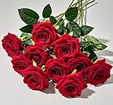 WENSINL Fake Red Roses Artificial Flowers 10 Pieces Valentine's Mother's Day Bouquet Silk Forever with Stems for Wedding Birthday Easter Christmas Engagements Anniversary Home Decor