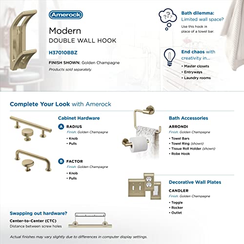 Image of Amerock Avid Double Prong Golden Champagne Wall-Mounted Hook | Decorative wall hook in durable zinc construction for coats, hats, bags, towels, and everyday organization