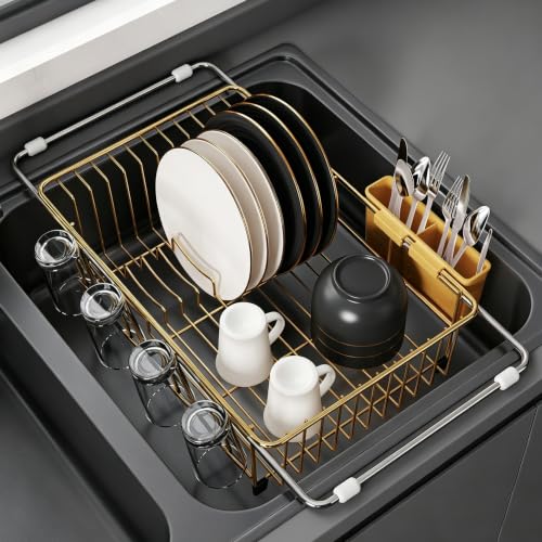 Image of JASIWAY Gold Dish Drying Rack in Sink, Dish Drainer with Utensil Holder