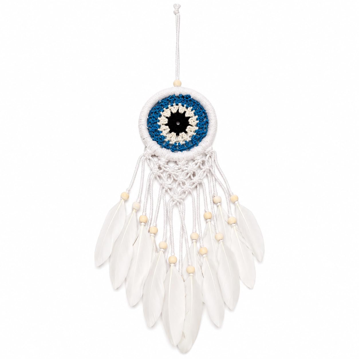 SADAF'S Art Evil Eye Dream Catcher Wall Hanging | Handmade Dreamcatcher with White Feathers & Wooden Beads | Nazar Eye Boho Wall Decor for Bedroom, Car, Living Room, Home & Gift Pack of 1 (Blue)-image-23