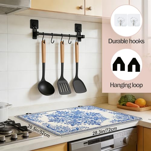 Image of Blue White Tile Stove Top Covers Pad 28 x 20 inches Dish Drying Mat Coffee Bar Mats Kitchen Decor Absorbent Pad Fit Coffee Maker Machine Dish Drying