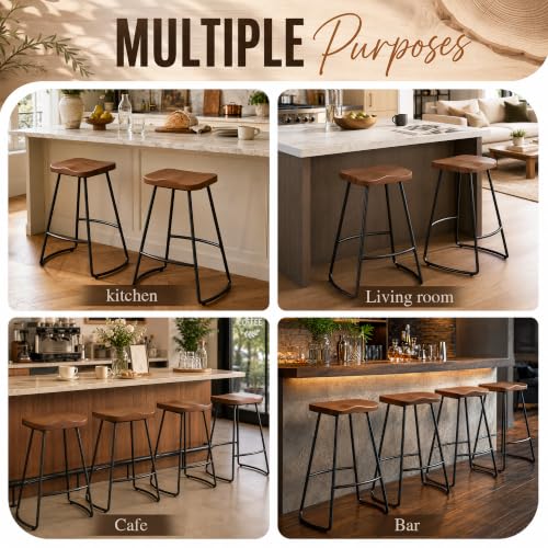 Image of Awonde Backless Metal Bar Stools Set of 4, Large Wood Seat Counter Stools